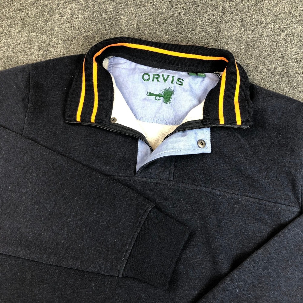 Vintage ORVIS Mens Size Medium Pullover Sweatshirt Navy Blue Quarter Zip Collar